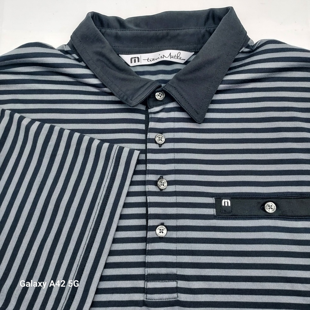 Travis Mathew Golf Polo Shirt Mens Grey Black Stripe Short Sleeve Button‎ Up MED